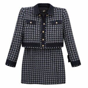 NWT Ann Taylor Houndstooth Fringe Tweed Denim Sheath Dress and Matching Jacket